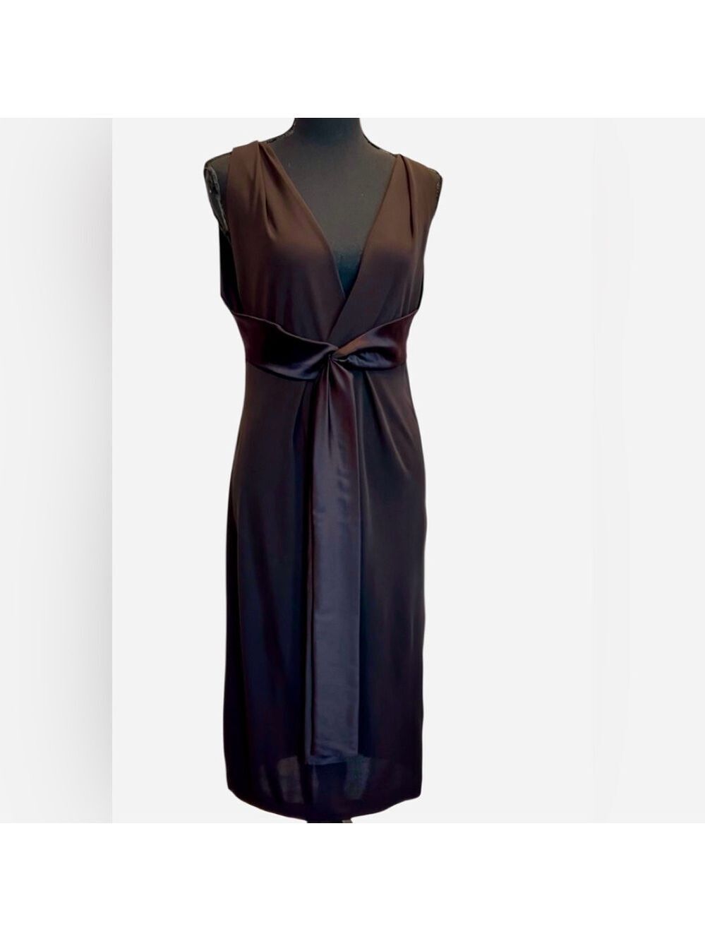 Rozae Nichols Chocolate Brown silk sleeveless V-neck midi dress Sz M formal